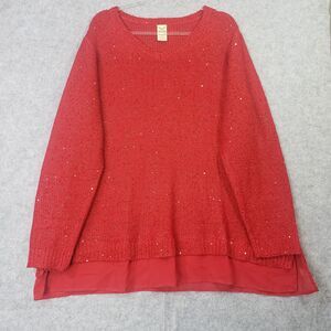 Woman's Plus Sz 4X (26W-28W Red Long Sleeve Sequin Sheer Bottom V neck Sweater